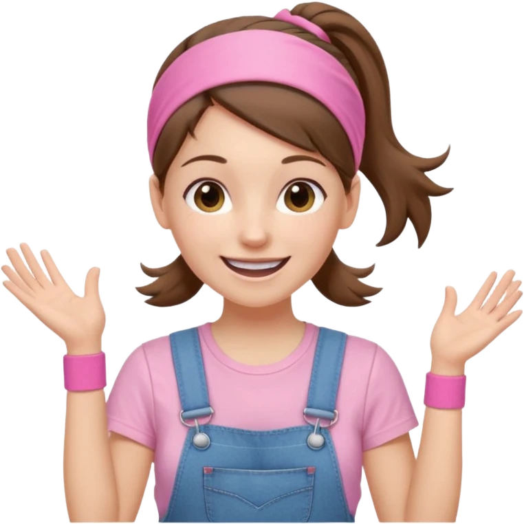 white woman with brown hair  tied together with one elastic pony tail. wearing a light pink thin width headband, Has a pink t-shirt with denim overalls. enthusiastic expression with big smile emoji