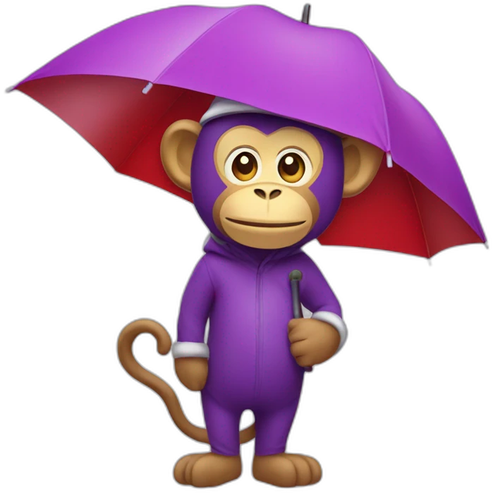 a purple monkey with a winter hat and holding a red and white unbrella emoji
