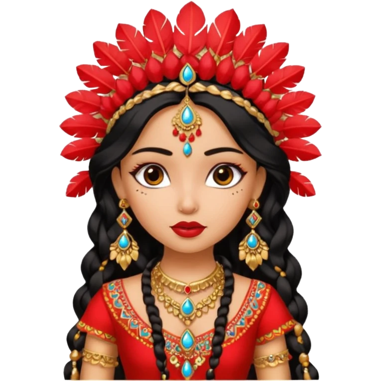 a pretty bratz fair indian girl wearing a red indian wedding outfit,  golden jewellery, black wavy hair emoji