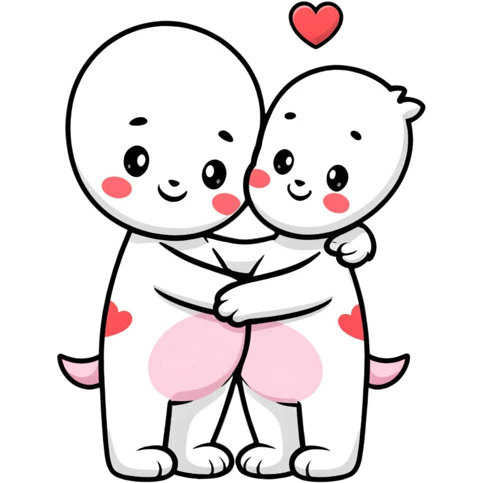 Two cute cartoon characters hugging with hearts around them emoji