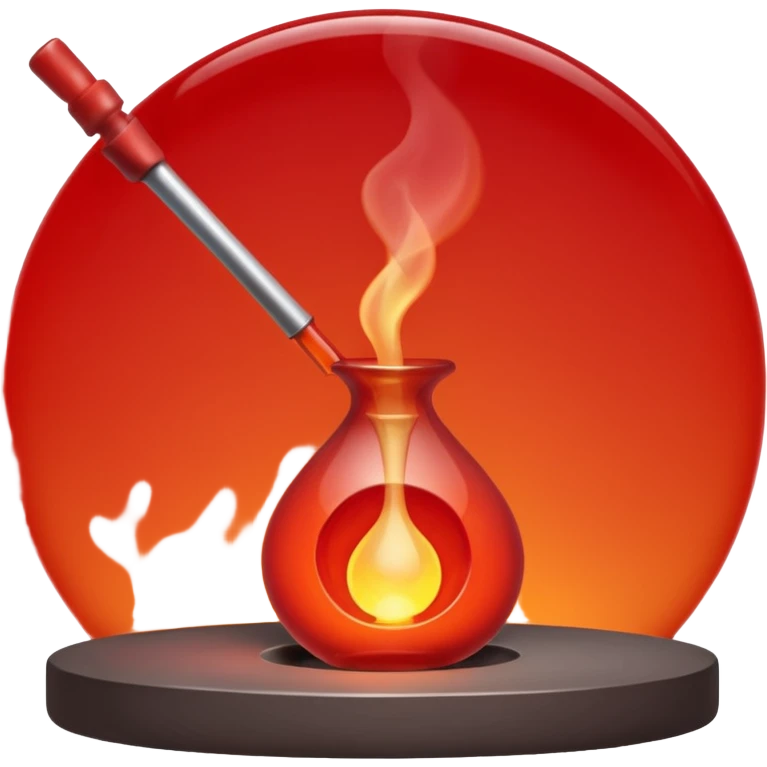Glassblowing and casting icon, molten glass being shaped into a delicate object with a blowpipe, glowing red-hot glass being poured into a mold, unfinished glass sculpture, minimalistic style, clean lines, transparent background. emoji