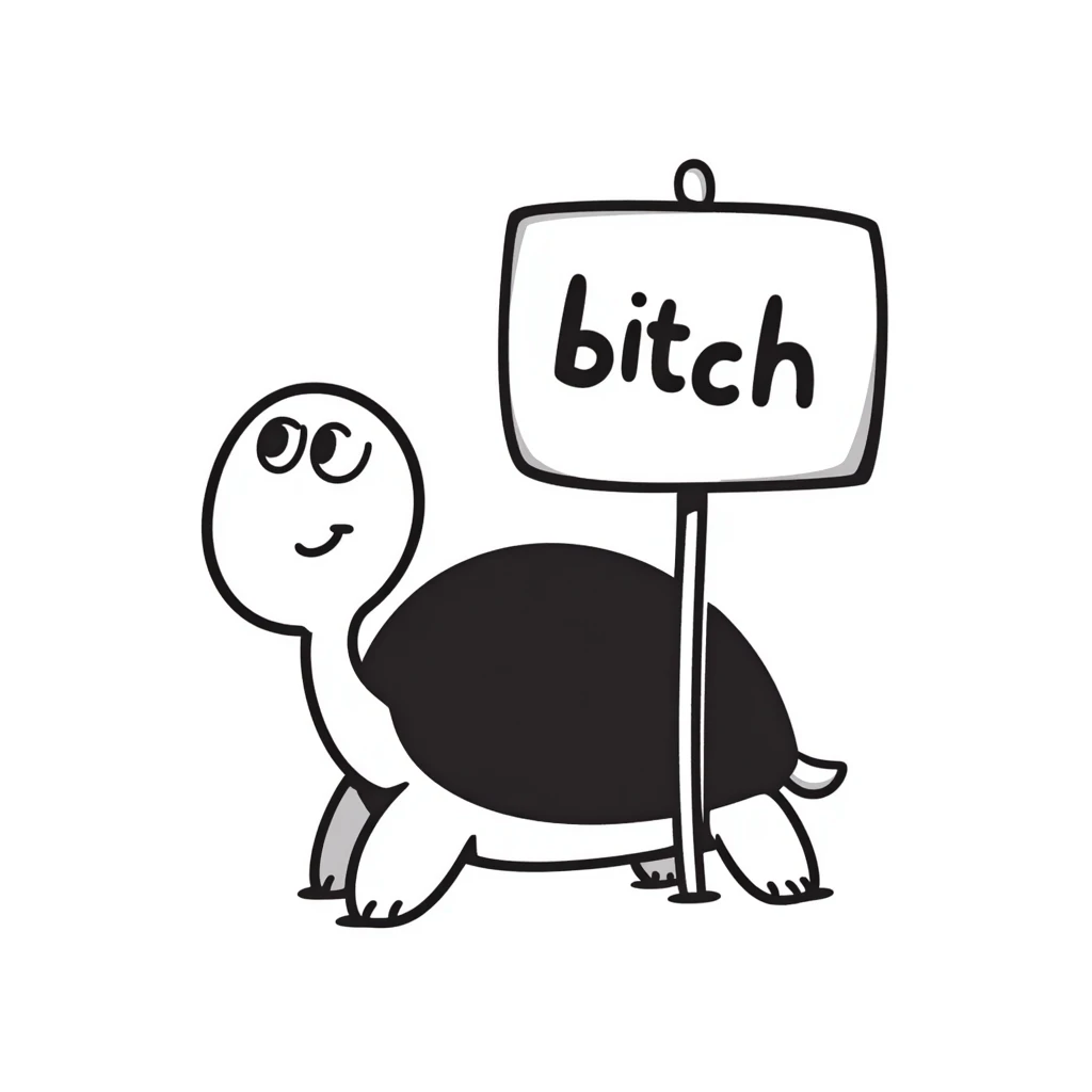 playful and bold turtle holding a sign that says 'bitch' emoji