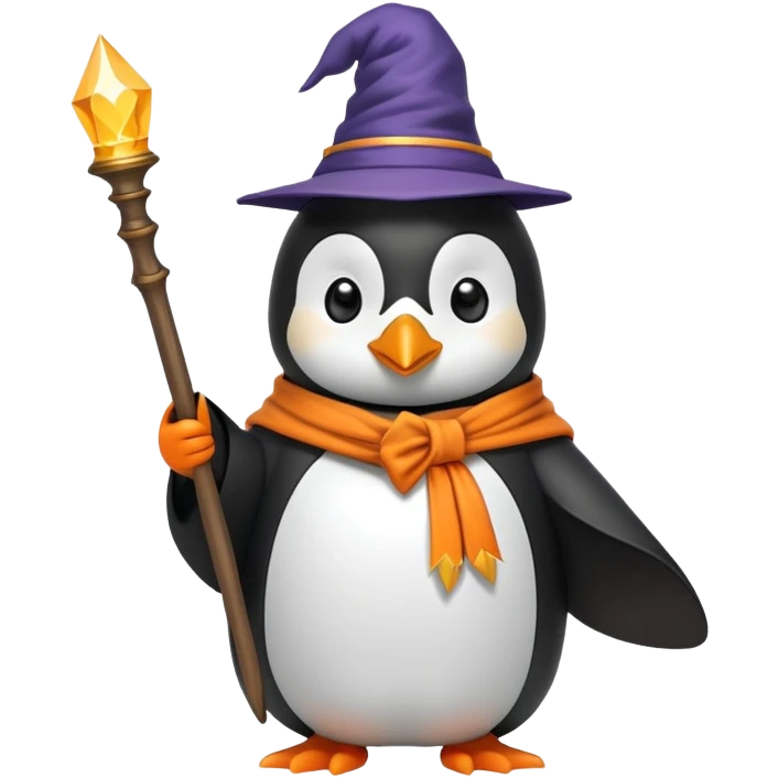 Penguin wearing a wizard hat and robe holding a magic wand emoji