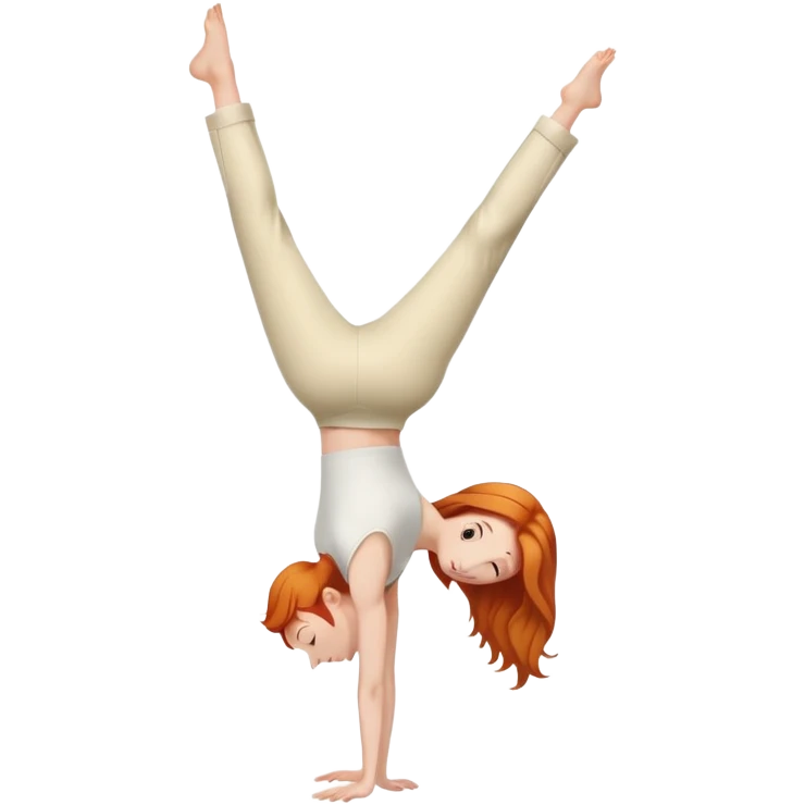 Ginger Girl side view handstand in cream pants emoji