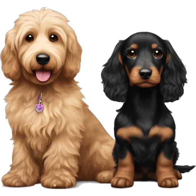 Brown golden doodle and black and tan and cream longhair dachshund sitting together  emoji