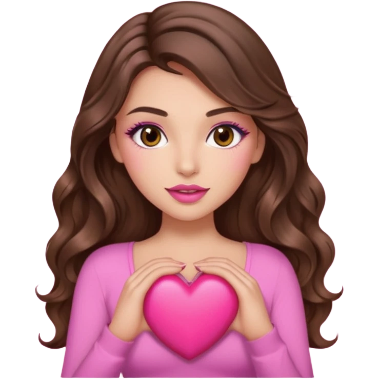 girl with long wavy brown hair, brown eyes, long lashes makeup, sexy pink lips, light to medium complexion, wearing a pink sexy top, holding a big heart emoji