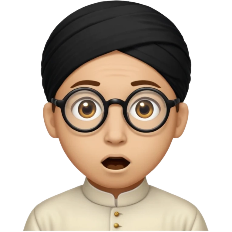 A person with light skin tone, wearing a traditional white ghutra with a black agal, large brown eyes, round glasses, and an open mouth showing a surprised or shocked expression. emoji
