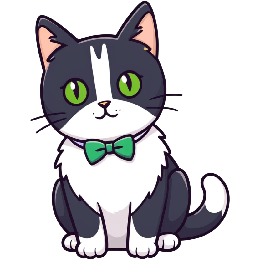 Female Tuxedo domestic short hair, more white than black similar to a cow, green/gold eyes, no bowtie emoji