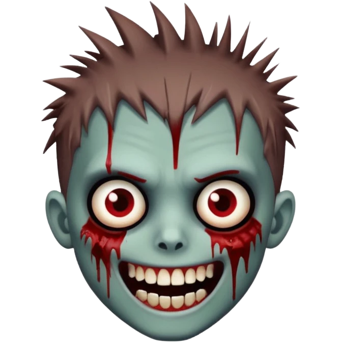 zombie boy with brown emo spiky hair, white skin, and white eyes; an open smile, and bloodied teeth; emoji