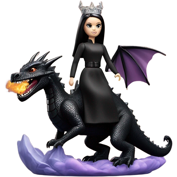 evening dressed, Wednesday Addams Barbie Jedi wearing a tiara, riding on the back of a very large black shiny evil-looking fire-spewing horned dragon emoji