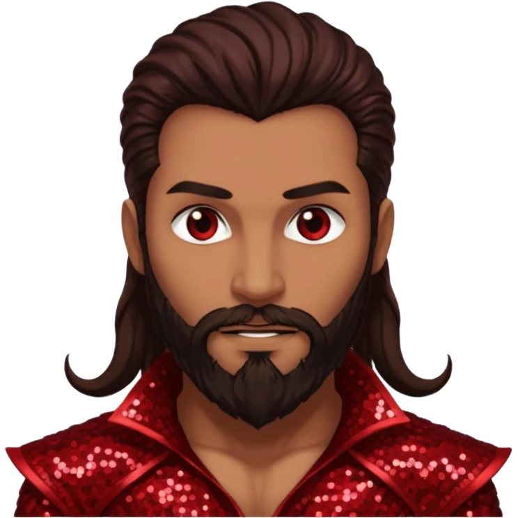Samael, Venom of God from Gods and Goddesses with tan skin, long dark brown and beard, dark red sequin outfit emoji
