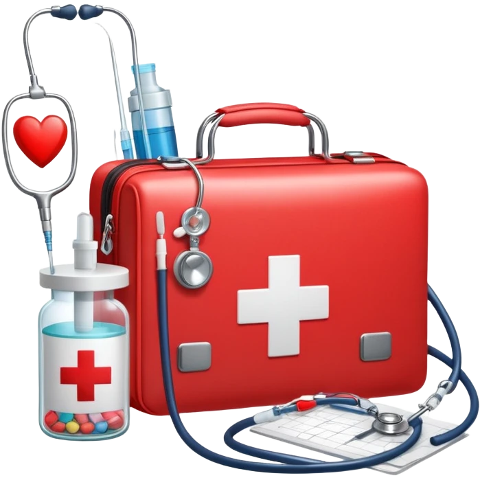 An icon featuring a medical bag with a red cross, a stethoscope, and a syringe, symbolizing medicine. The design includes pills, a heart monitor, and a clipboard with patient notes, representing healthcare, diagnostics, and treatment. Transparent background highlights the science of medicine. emoji