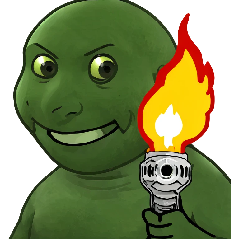 Vladimir Putin smiles and holds a flamethrower emoji