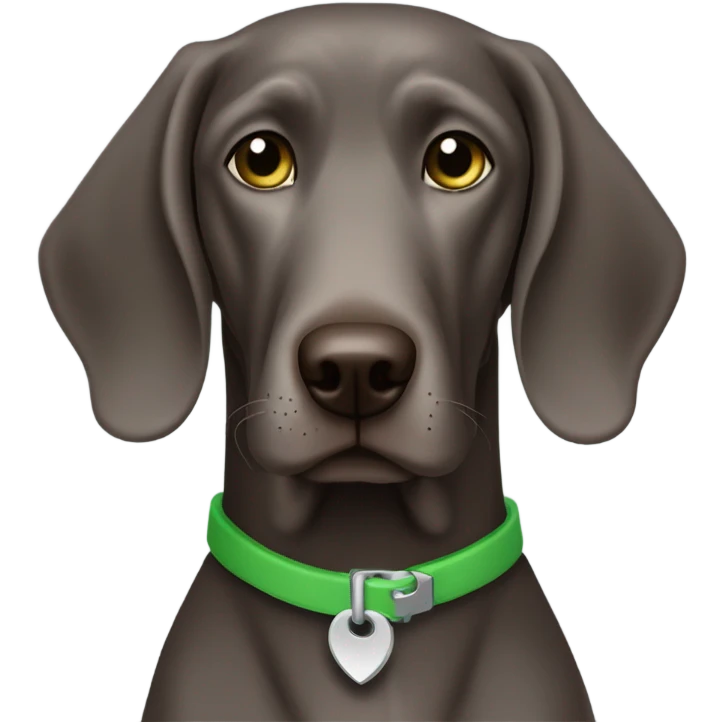 Dark brown Weimaraner with a grey beard and green collar emoji