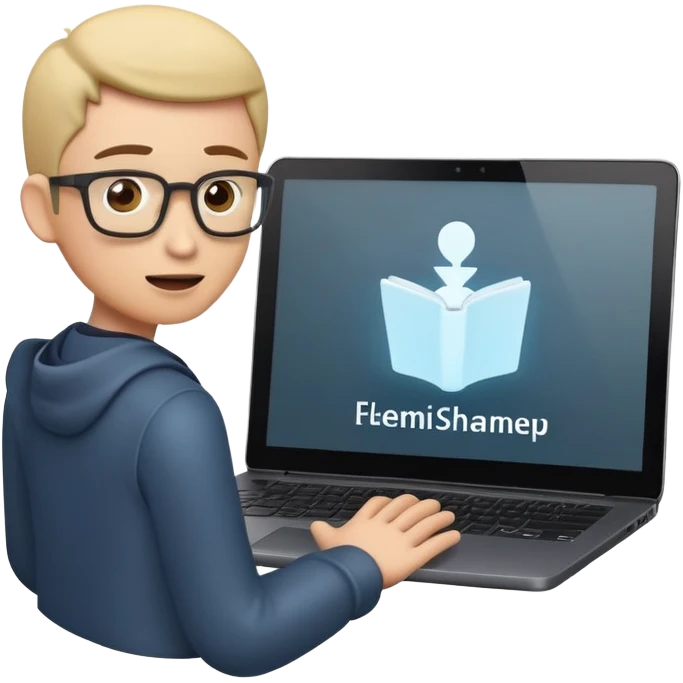 A dark-colored laptop with the screen open. From the screen, a person is emerging, giving a lecture or teaching. The person should look expressive and in a teaching pose. Soft shadows, semi-3D emoji style, clean background. emoji
