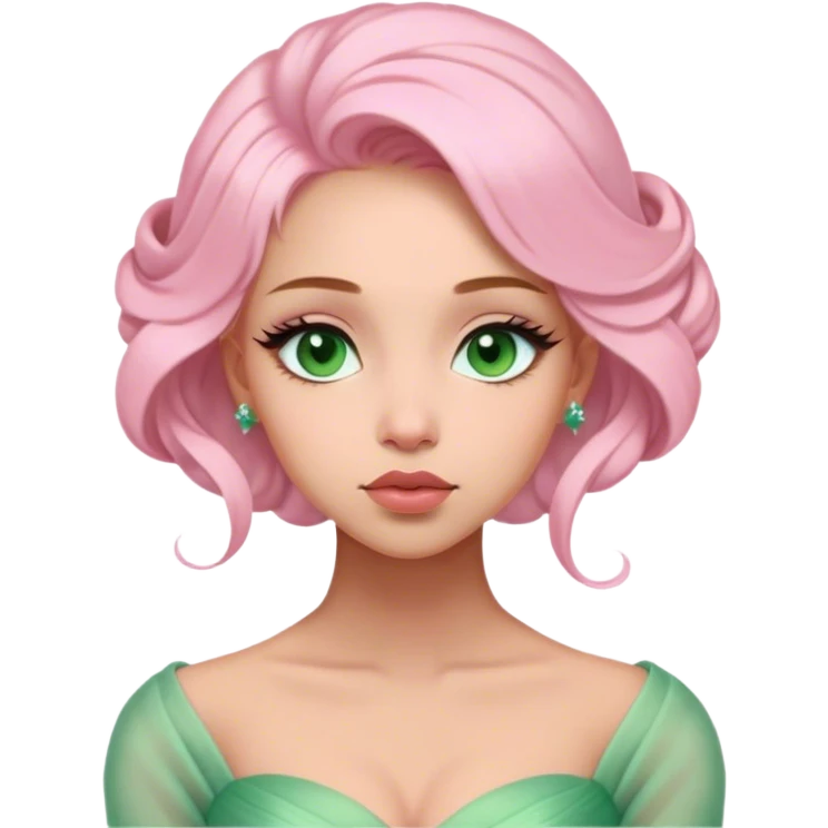 Cinematic Elegant Mulan Portrait Emoji, Dressed in her delicate green matchmaker gown, soft pink makeup, hair pinned perfectly, looking wistful yet radiant, eyes reflecting the depth of her spirit, capturing both her beauty and inner strength! emoji