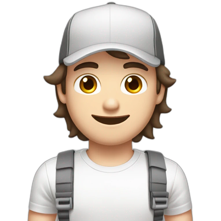 Pale skinned fit Man with dark brown hair in a white cap, gray jeans and gray polo T-shirt keeping a pasted with tape box into his hands emoji