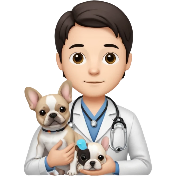 joven médico con el pelo un poco largo pero no tanto y lacio, que tenga un estetoscopio de color de tez negra que sostiene un bulldog francés blanco emoji
