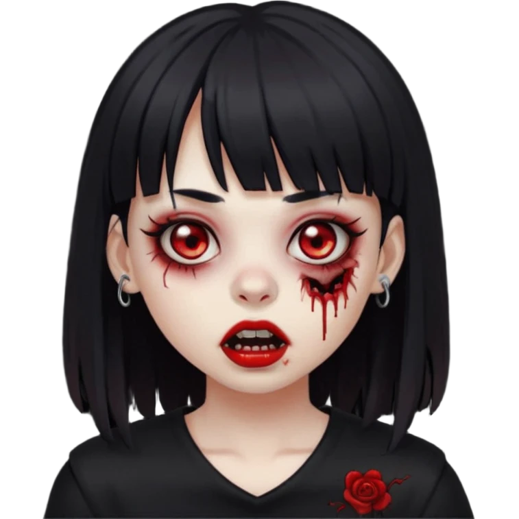 uma garota zumbi, com piercing na boca e no nariz, com olhos vermelhos, cabelos pretos e com franja, e roupa preta emoji