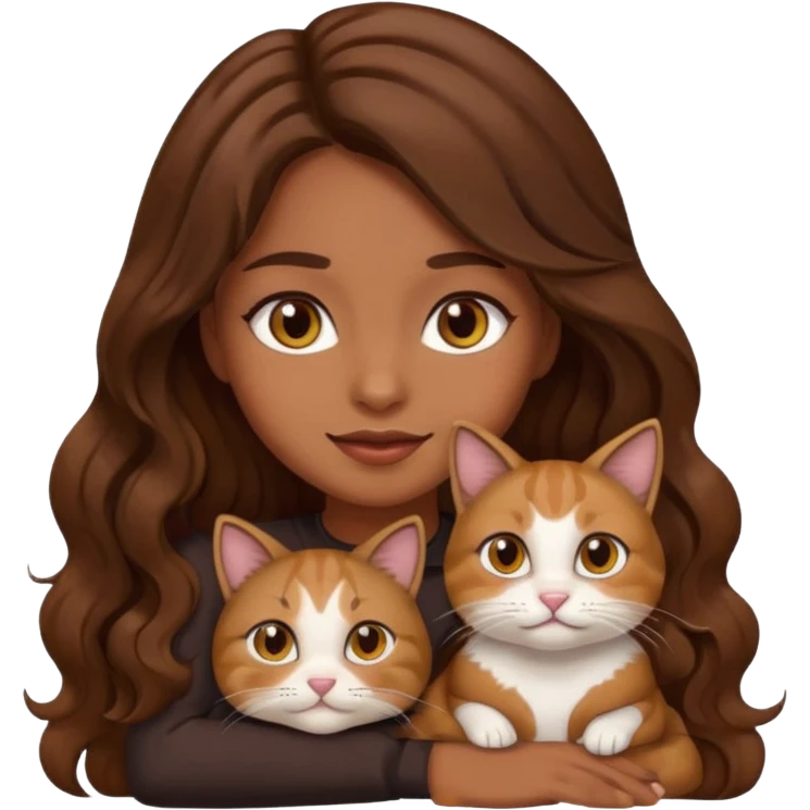 a girl with long wavy brown hair and brown eyes sitting with a cat, emoji style emoji