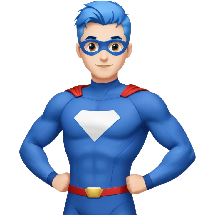 Emoji of a friendly, clean-shaven man with blue hair in a bold blue and white superhero suit. The suit is prominent, with minimal details and a large blank chest area for a logo. Cheerful expression, minimalist style. emoji