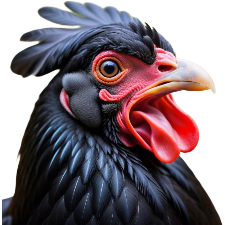 Cinematic Cute Yawning Black Chicken Portrait Emoji, Head tilted slightly with a dramatic, wide-open yawn, showcasing a soft, glossy black plumage with subtle hints of iridescence and a distinctive red comb, floppy wings slightly drooping, round beady eyes barely open in drowsy contentment, Simplified yet irresistibly adorable features, highly detailed, glowing with a soft, cozy glow, high shine, relaxed yet expressive, stylized with a touch of whimsy, bright and endearing, soft glowing outline, capturing the essence of a sleepy yet affectionate chicken, so drowsy it feels like it could stretch out of the screen and curl up for a nap! emoji