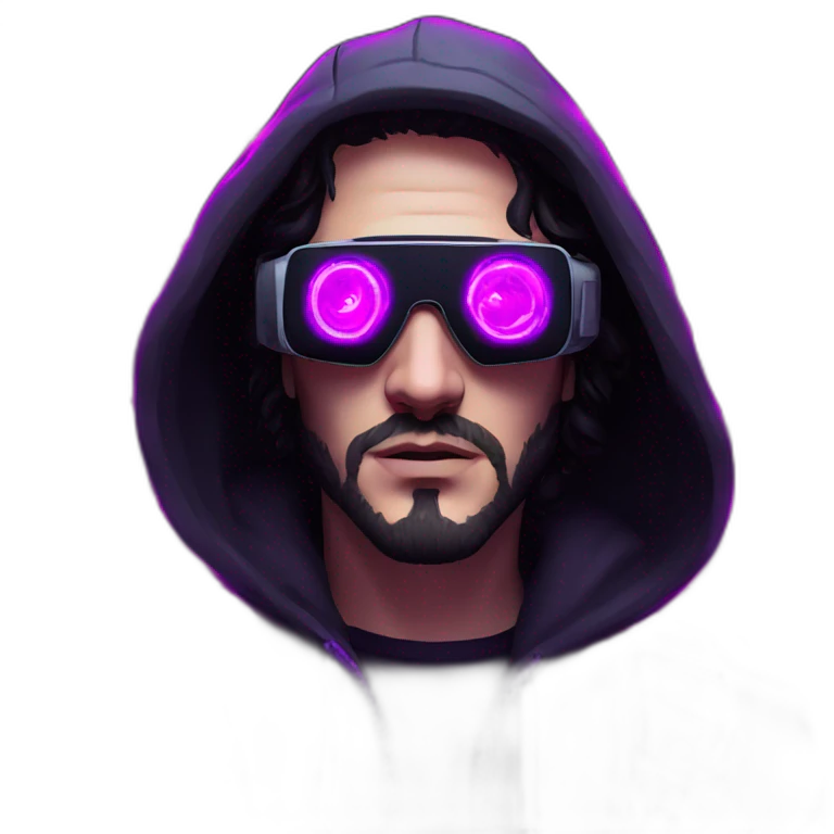 John Snow wearing a black hoodie with "OMG" letters on it and VR headset in a cyberpunk VR environment with violet neon lighting. emoji