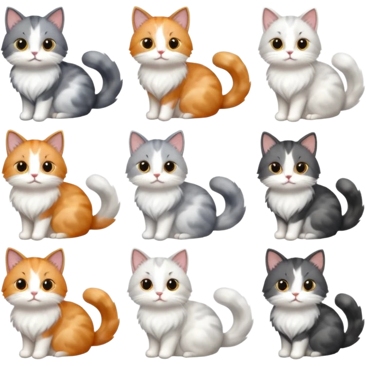 6 realistic looking cats with different natural coloured coats, assorted grey and white, greys, calicos etc
 emoji