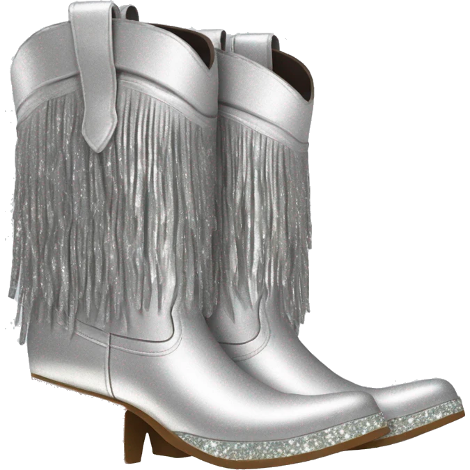 Realistic silver colored fashion cowgirl boots with sparkly shiny glitter fringe on them. emoji