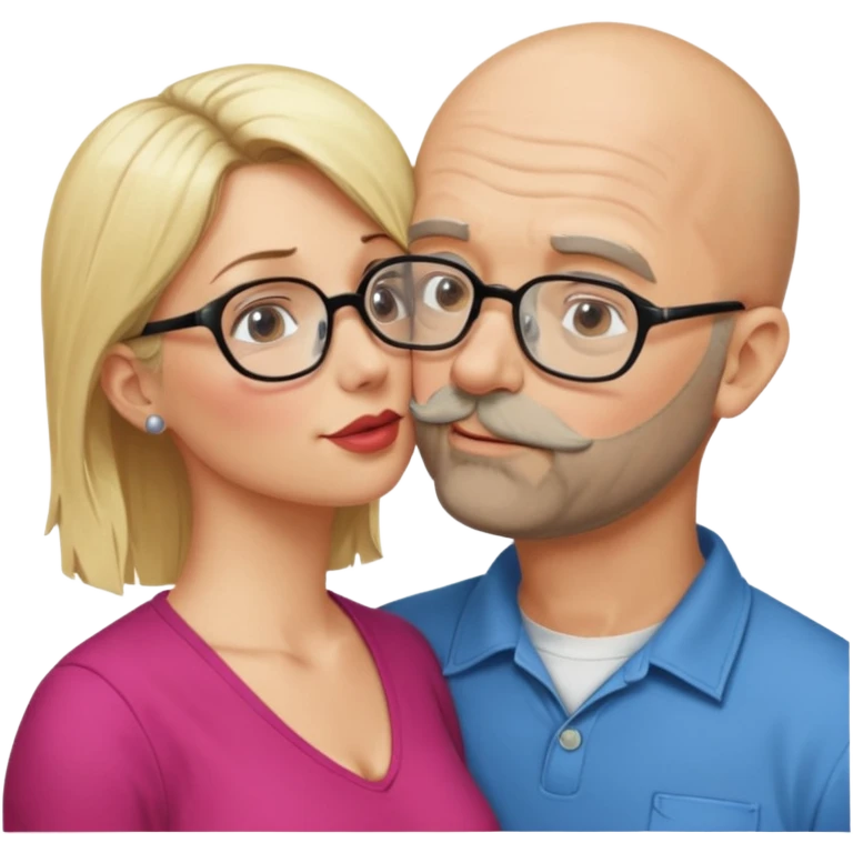 middle age bald man with heavy scruff and glasses kissing blonde woman who doesnt have glasses emoji