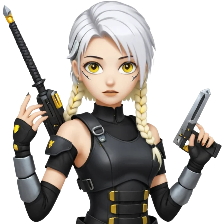  a closeup portrait of young woman with gold yellow eyes, white hair, long braid, black off-shoulder top d-cup, punk gothic style, futuristic cyberwave cyberpunk,  she has a plate carrier armor vest , and a old-style steel bulletproof combat helmet.  holding up a DAYZ combat knife emoji
