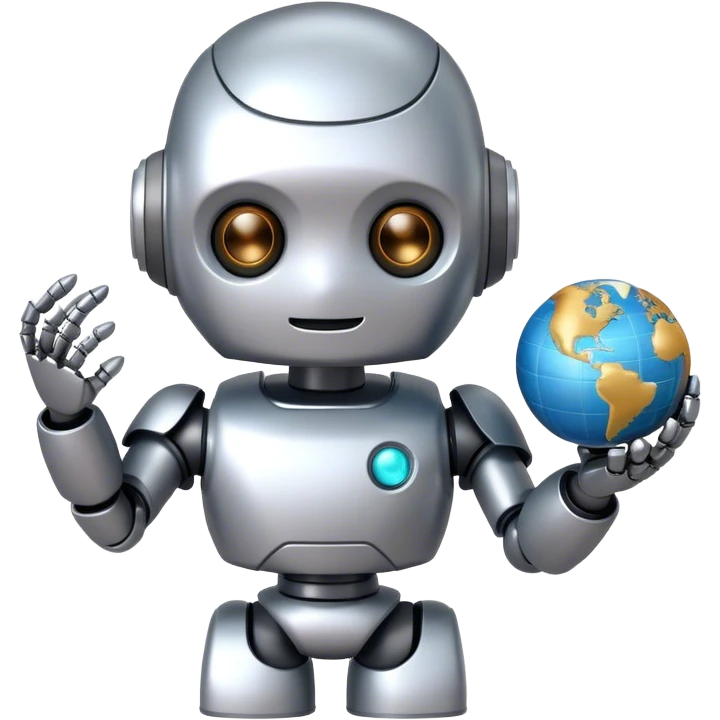 A cute robot holds a globe emoji