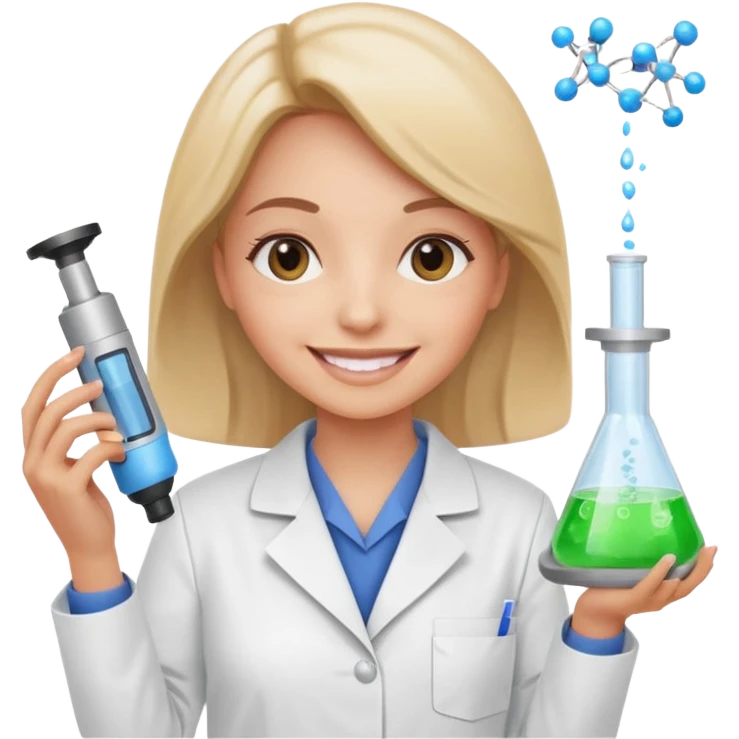 a woman in a laboratory coat, smiling and holding scientific equipment, symbolizing new cosmetic technology emoji