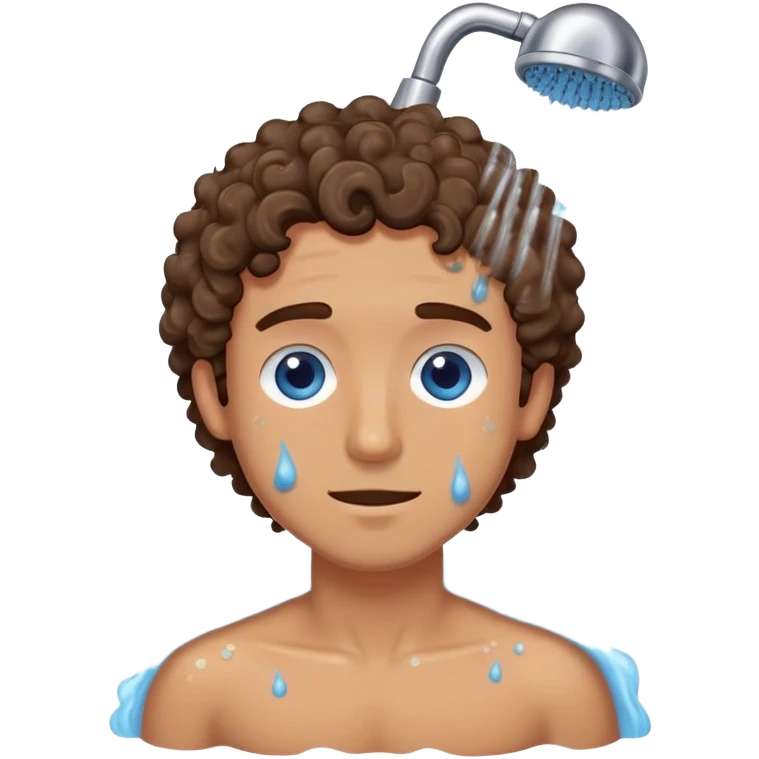 Man in shower scrubbing with soap and medium length curly brown hair and blue eyes olive skin emoji