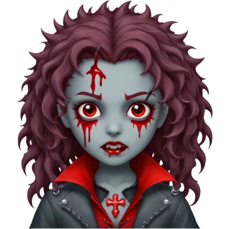Vampire zombie girl with blood. Long brown curly hair Gray skin and spiky emoji