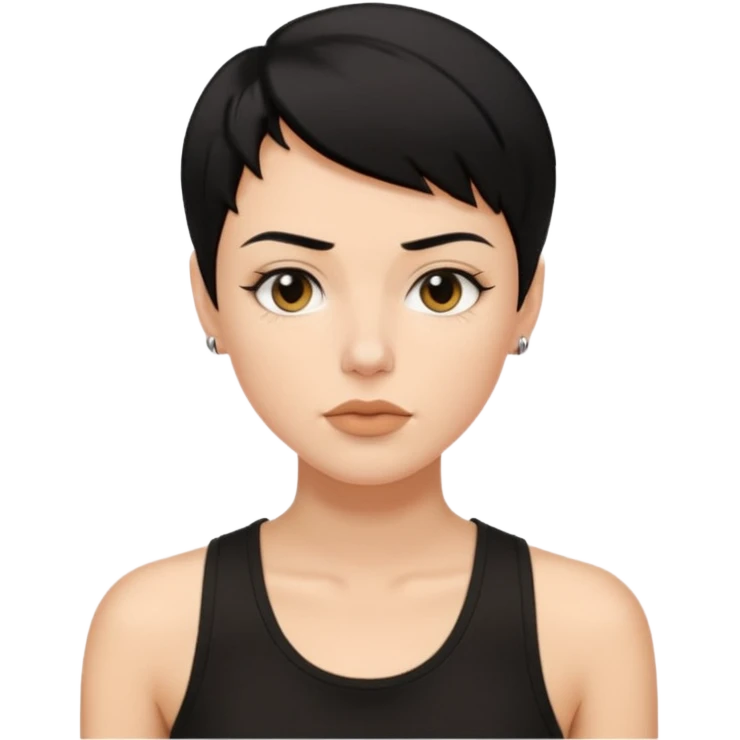 a white woman with short tomboy black hair with beauty spot on top of her lip wearing men's black tank top emoji