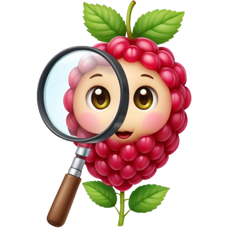 A cute raspberry holds a magnifier. It has a budding like structure which keeps that magnifier emoji