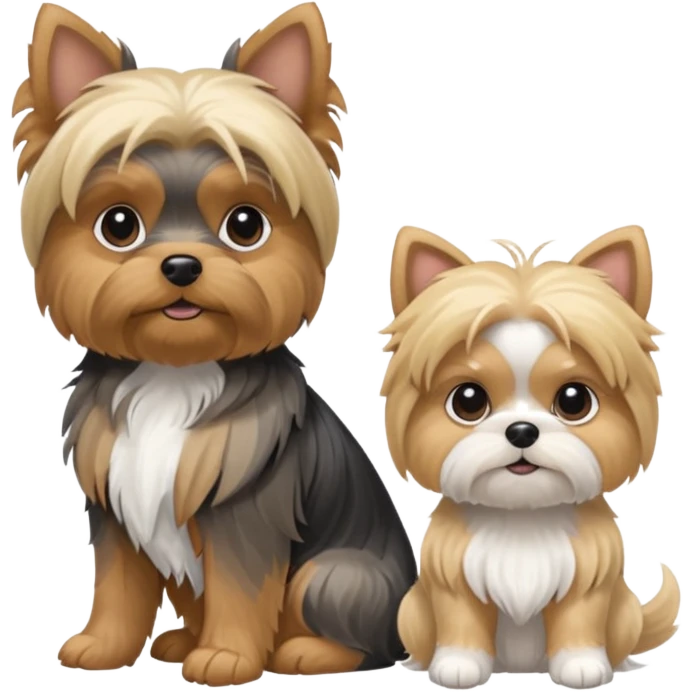 Generate a blue and tan purebred yorkie with a blonde shi tzu yorkie mix sitting next to each kther emoji