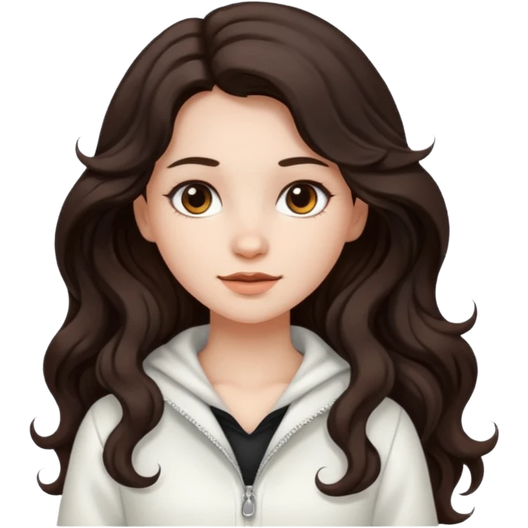 A girl in white with dark brown long wavy hair and very white skin emoji