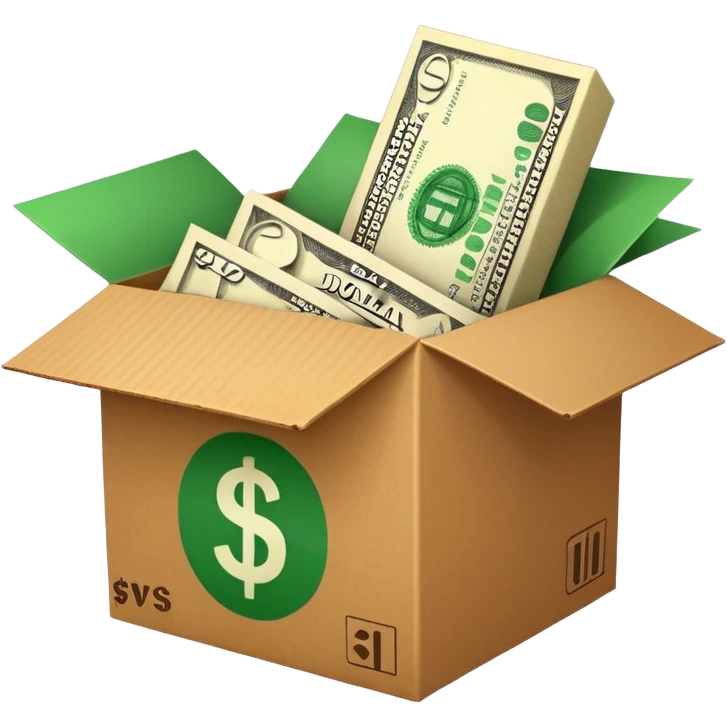 a shipping box with a single green cash bill with a dollar sign on it in front of it emoji