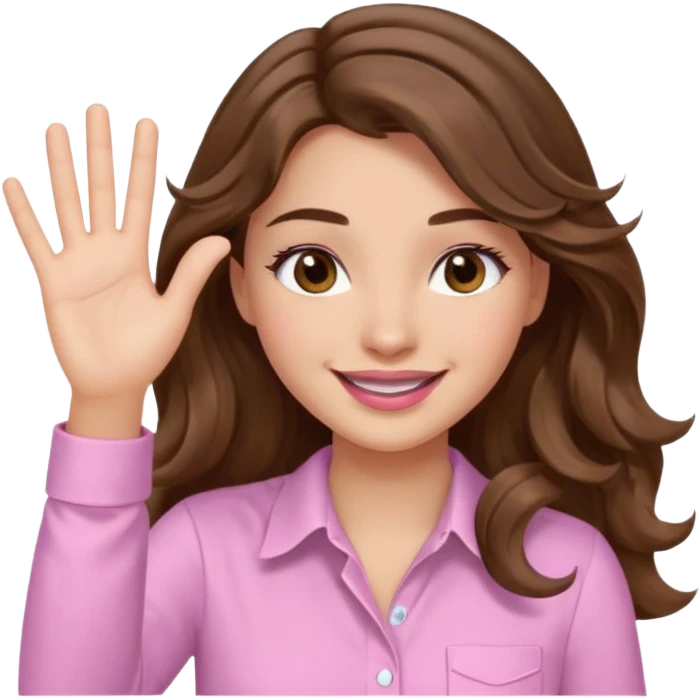 girl with wavy long brown hair, brown eyes, light to medium complexion, long lashes, light pink lipstick, smiling, wearing light pink shirt, slapping emoji