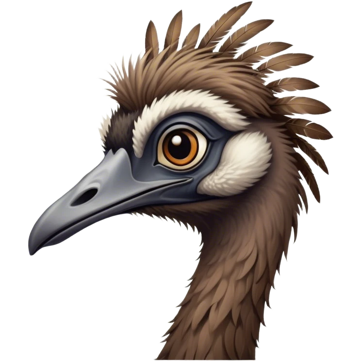 Cinematic Noble Emu Portrait Emoji, Poised and regal, with a tall, slender build and a shaggy, well-groomed fur of earthy brown feathers, a long elegant neck and deep-set soulful eyes, Simplified yet sharp and sophisticated features, highly detailed, glowing with a soft, dignified glow, high shine, intelligent and stately, stylized with an air of outback majesty, focused and attentive, soft glowing outline, capturing the essence of a watchful and confident bird, so majestic it feels as though it could stride out of the screen with effortless authority! emoji