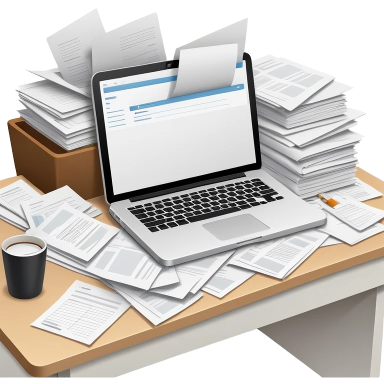 minimalist desk cluttered with papers spilling over, symbolizing overwhelming admin workload emoji