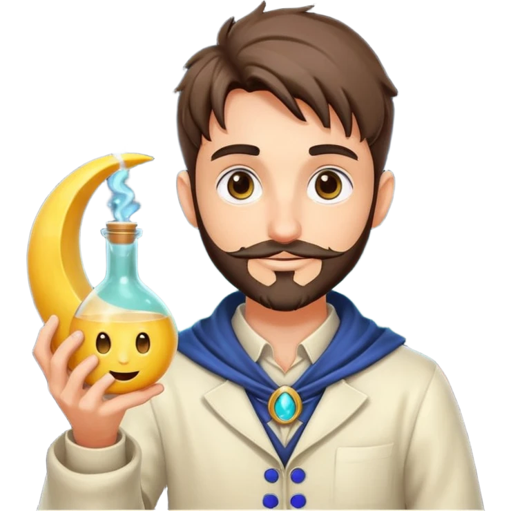 human forest alchemist character holding crescent moon like a glowing flask, mischievous idea face emoji