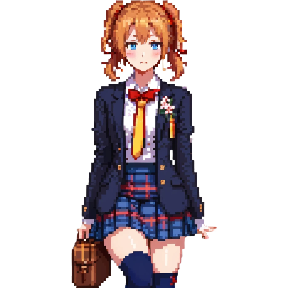 Honoka Kosaka from Love Live standing in Otonokizaka High School courtyard, orange side ponytail with yellow ribbon, blue eyes, navy blazer, red ribbon at collar, blue tartan skirt, black knee socks, brown loafers, cherry blossom petals floating, spring breeze, cheerful and determined expression emoji