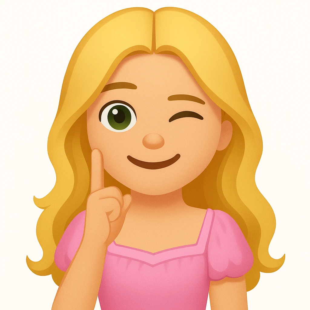 Edit the image to depict a long-haired blonde with swamp eyes wearing a pink pastel dress, in the style of iOS emoji. Match all features from the reference image but change the emotion to winking. emoji