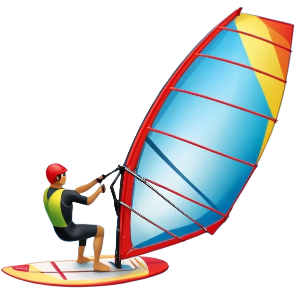A windsurfer gliding across the water, with a vibrant sail catching the wind. The scene captures the motion of the board riding the waves, surrounded by the bright blue sky and ocean, symbolizing the excitement and skill required in the sport of windsurfing. emoji