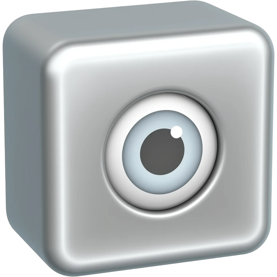 A metal cube with one single eye in the middle of it 3D in the pupil is gray emoji