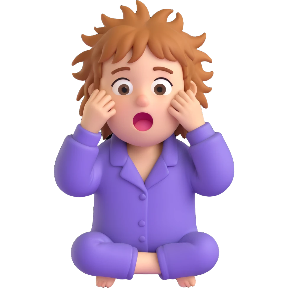 character who just woke up, messy hair, sleepy eyes, yawning, cozy pajamas emoji