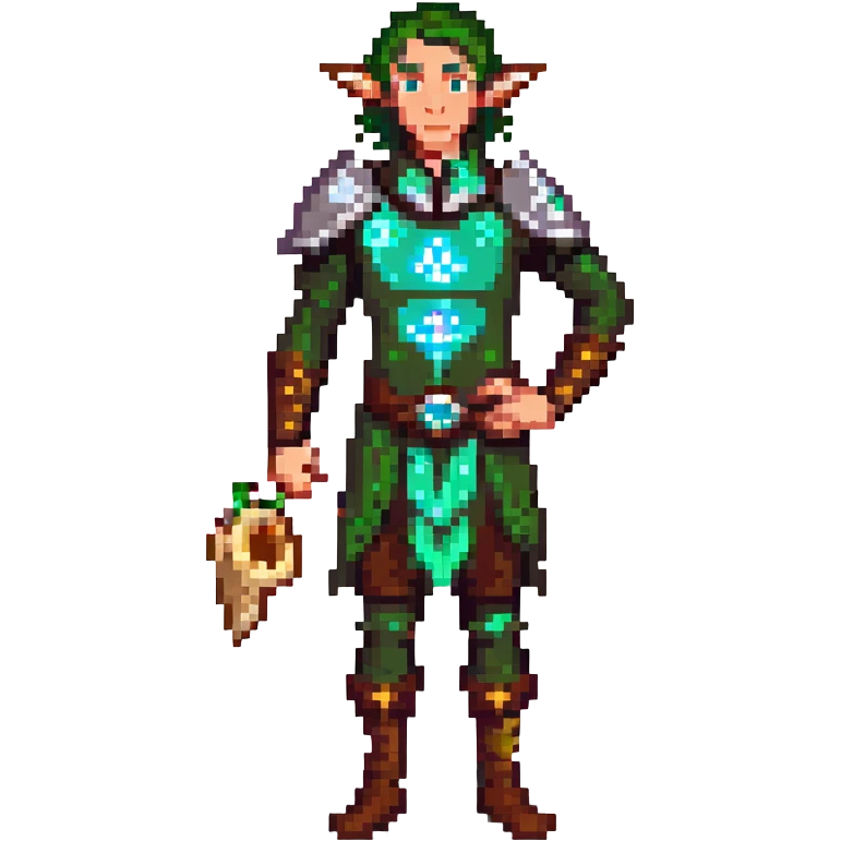 elf male Short wetsuit-style garb, glowing runes on skin, holding a conch horn. emoji